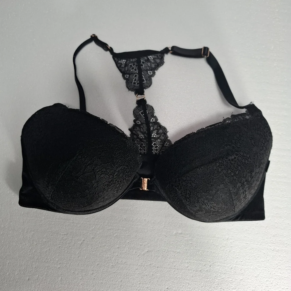 Victoria's Secret PINK Black Lace Racerback Push-Up Bra 36DD Front Clouse
